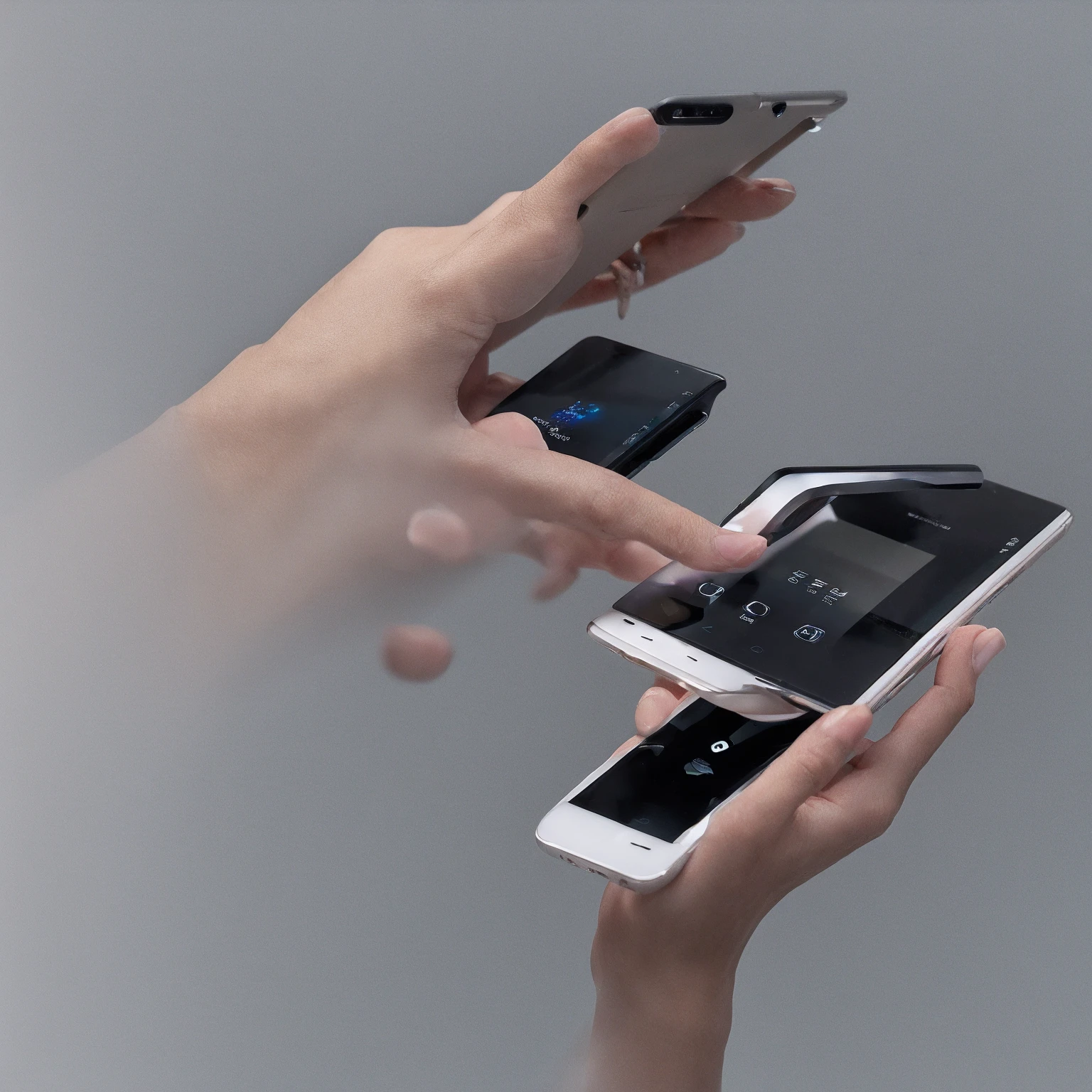 A woman's hand holds a smartphone with a blank, black screen against a stark white background. The focus is on the phone, and for advertising purposes, this image is used to highlight the device itself.