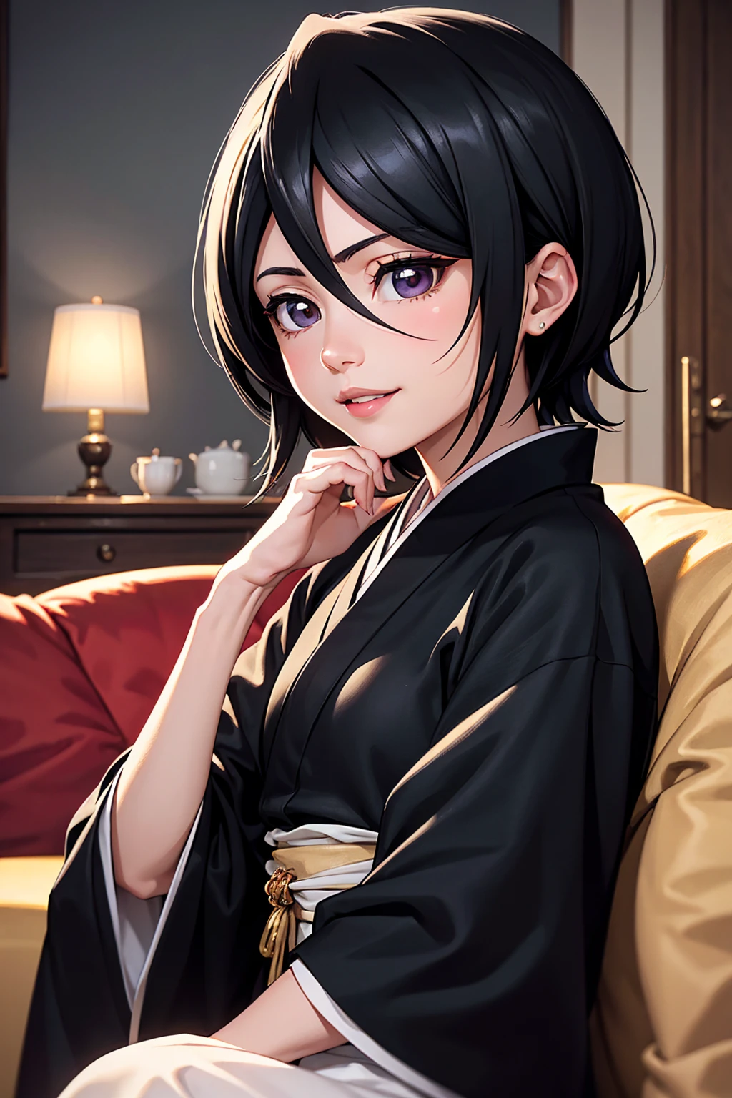 rich in detail, Natural strokes and colors, natural lighting, face detailed, detailed hair, eye detailed, detailed nose, Detailed lips. an adult and beautiful girl, sitting not sofa, wearing a black kimono, with short black hair, and with a smile rukia kuchiki.