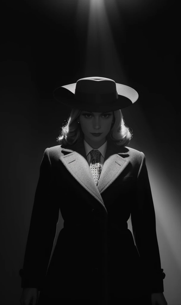 filmnoir1944, detective with fedora , woman, photorealistic, best quality, masterpiece, depth of field, uhd, 8k, cinematic lighting, 1940s style, light rays, darkness, single light source, wide angle shot, dark mood, film grain, dark city, backlit, horror, fog, dame , new york city,