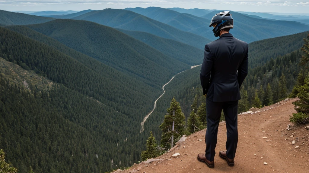 A Luxury Sales Suit man wearing a black rider full-face helmet overlooking wilderness,full body,standard rider black full face helmet,back view of the man, background is a wilderness,a man overlooking wilderness,a man overlooking wilderness,a man overlooking wilderness,a man overlooking wilderness,a man overlooking wilderness,full body,full body,full body,full body,with black rider full-face helmet,with black rider full-face helmet,with black rider full-face helmet,wearing black rider full-face helmet,wearing black full-face helmet,wearing black full-face helmet,overlooking wilderness,overlooking wilderness,Back view,Back view,Back view,Back view,Draw people small,Draw people small,Spectacular views,Spectacular views,Spectacular views,lonely man,lonely man,a black full-face helmet,a black full-face,A Luxury Sales Suit man,with Luxury Sales Suit