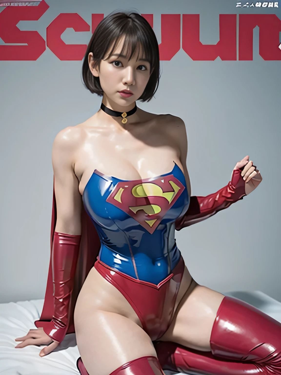 masterpiece、Rubber Supergirl Costume、short hair、Rubber Long Boots、Big and ample breasts、shiny sweaty skin、looking at the camera、choker、Long sleeve、Sexy poses to seduce、Off the shoulder、latex、From the front、athlete、High leg leotard、Red Cape、Beautiful thighs、Photo magazine cover、operating room、wallpaper for pc、