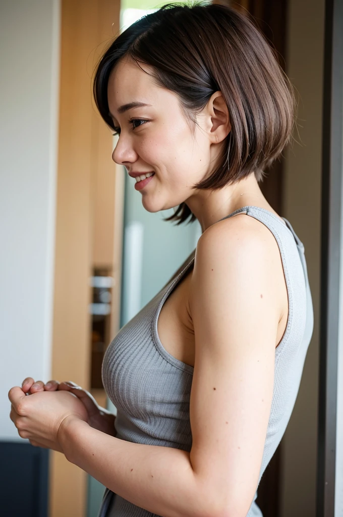 Top quality, 1 beautiful woman, super short Hair, wearing tanktop, shy-smile, back pose