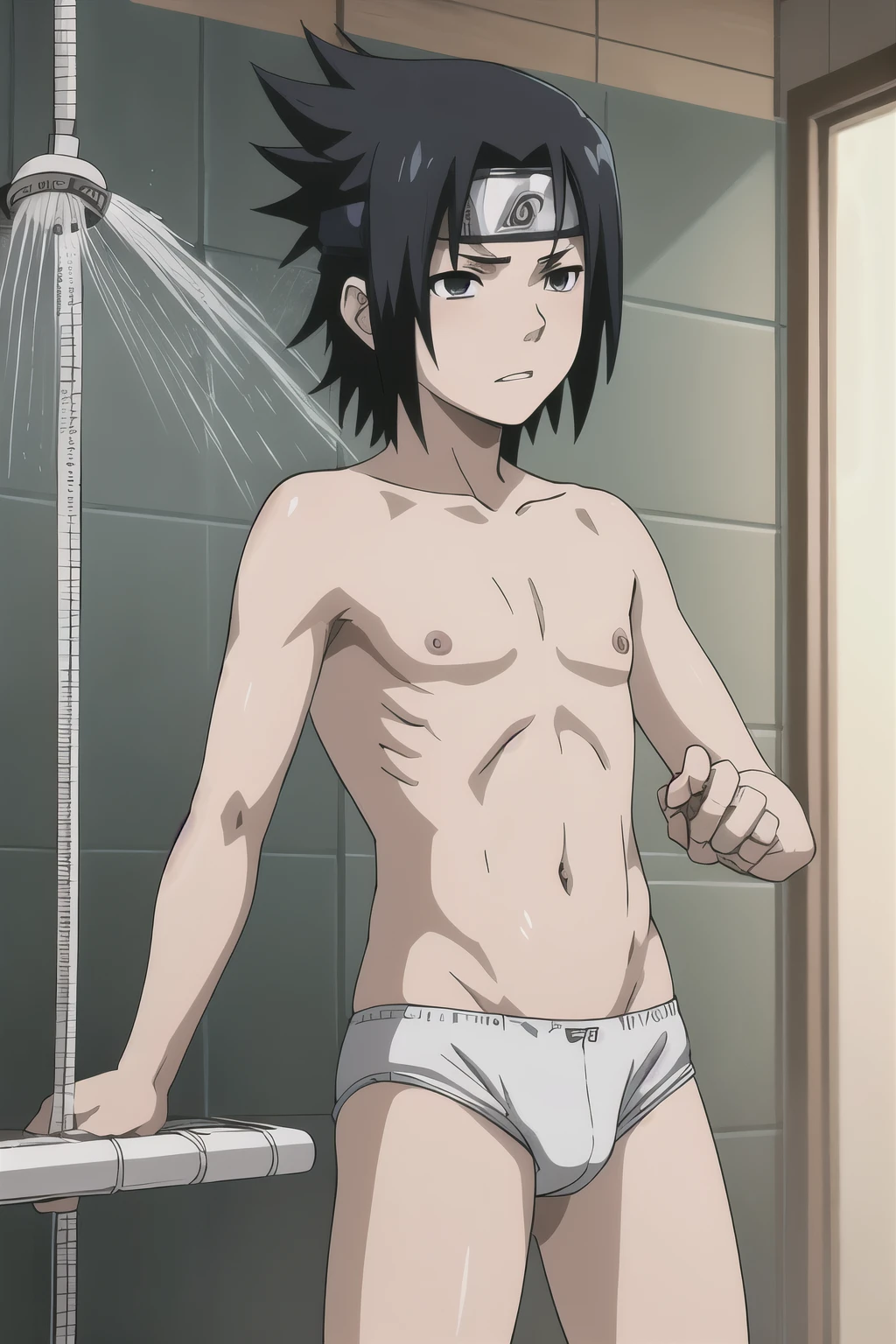 Sasuke, shirtless, white briefs, showering, bathing, s,