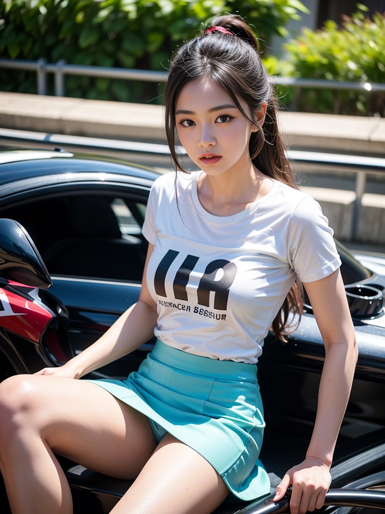 a beautiful korean girl,1girl,beautiful detailed eyes,beautiful detailed lips,extremely detailed eyes and face,long eyelashes,riding a pink 2000 MV Agusta F1 race bike,silky glitter cyan t-shirt,tight above knee length skirt,f1 race,photorealistic,best quality,4k,8k,highres,masterpiece:1.2,ultra-detailed,realistic,photorealistic:1.37,HDR,UHD,studio lighting,ultra-fine painting,sharp focus,physically-based rendering,extreme detail description,professional,vivid colors,bokeh,concept art