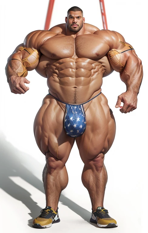 bodybuilder with enormous muscles, wide huge pectorals, wearing beige spandex sport pants