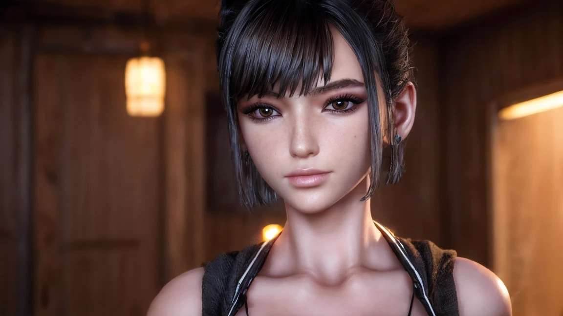 (masterpiece), best quality, expressive eyes, frontal pose, smile closed, perfect face,portrait face , Medium breasts, Brown eyes, Eve, Short bob haircut, Stellar blade, Fringe hair, Athletic body, Ponytail hair, unreal engine skin:0.3,blushing cheeks:1.4, tight breast, looking at viewer,, woman posing, cyberpunk bedroom, night, neon glow spothlighs in the walls,