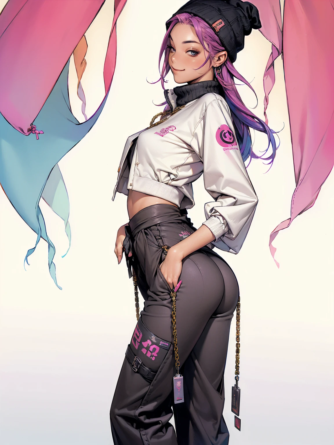 (((best qualityer))), (((absurdres))), (((1girl))), (((Urban girl))), (((malicious smile))), (((loose pants))), (((slim waist))), (((perfect tiny ass))), a beautiful and sexy girl with multi-colored hair wearing ultra modern clothes with kanjis printed on her nylon jacket with diamond-shaped stitching, (((slim with fitness body))), bright and contrasting colors, (((Hip-hop style low-waisted wide-leg pants with panty straps showing))), (((stylish Beanies with vertical seams))), Brand logo, hip-hop gold neck chains, padlock, buttons with Japanese art, multi colored hair and futuristic modern cut, with your hand in your pocket, in the background buildings and walls with colorful graffiti, under boob