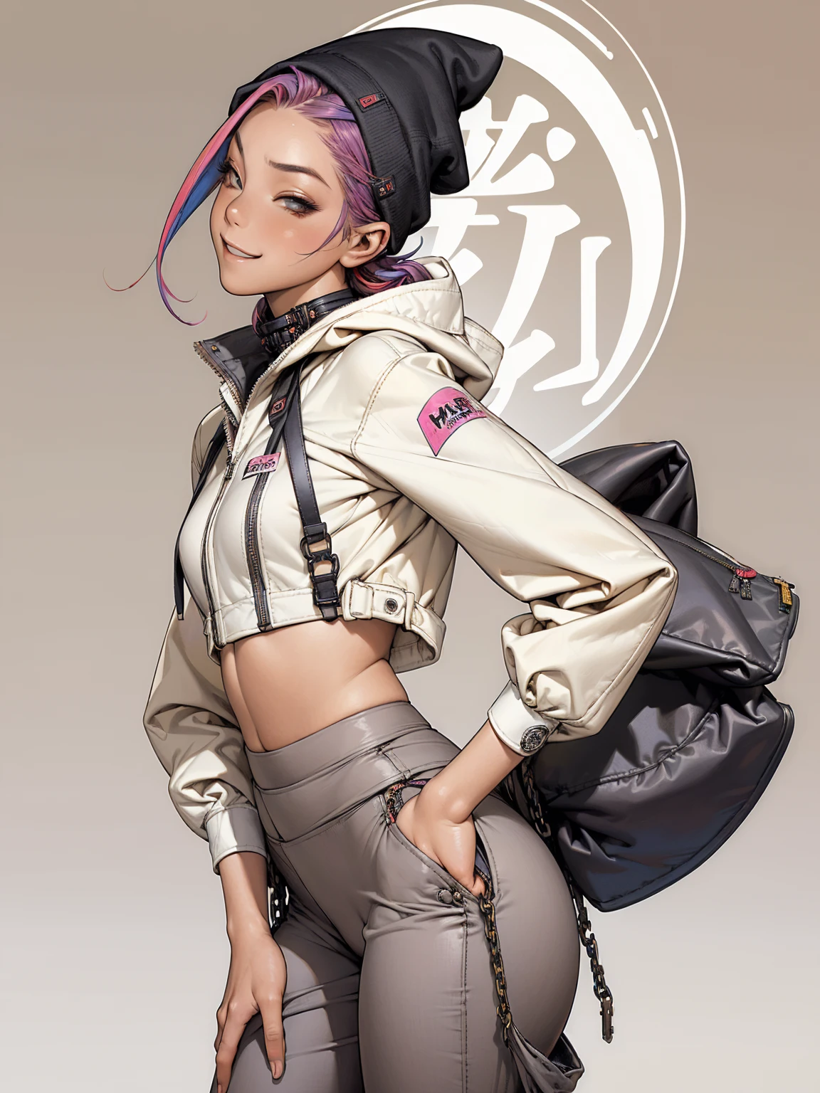 (((best qualityer))), (((absurdres))), (((1girl))), (((Urban girl))), (((malicious smile))), (((loose pants))), (((slim waist))), (((perfect tiny ass))), a beautiful and sexy girl with multi-colored hair wearing ultra modern clothes with kanjis printed on her nylon jacket with diamond-shaped stitching, (((slim with fitness body))), bright and contrasting colors, (((Hip-hop style low-waisted wide-leg pants with panty straps showing))), (((stylish Beanies with vertical seams))), Brand logo, hip-hop gold neck chains, padlock, buttons with Japanese art, multi colored hair and futuristic modern cut, with your hand in your pocket, in the background buildings and walls with colorful graffiti, under boob