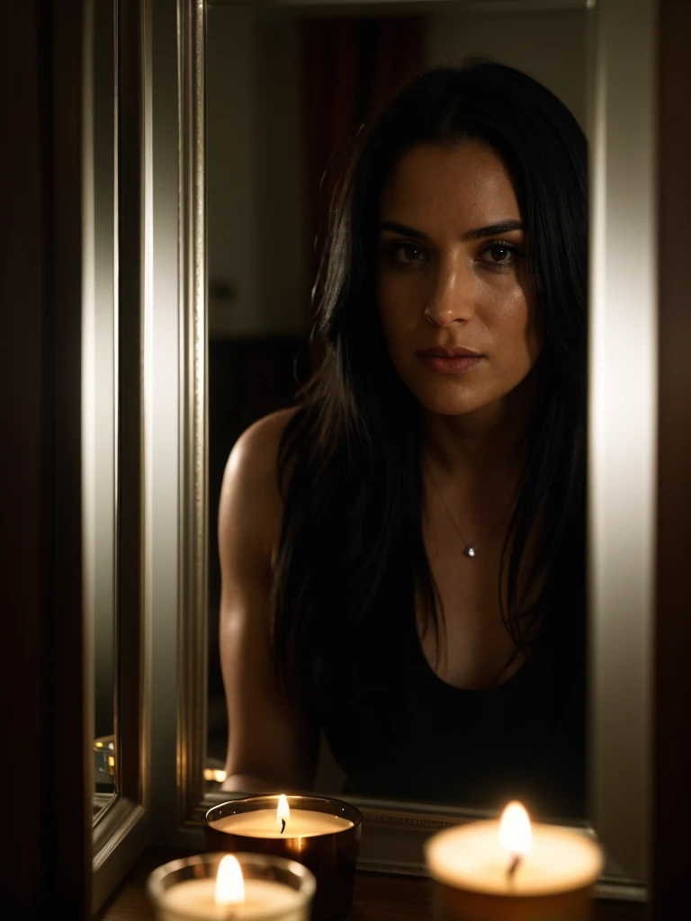 cinematic film still realistic, photorealistic, award winning photo , Long Shot, 30 years old Latin woman with long black hair, athletic body Looking at your reflection in a silver mirror. dark background illuminated only with a candle., cinematic shot + dynamic composition, incredibly detailed, sharpen, details + intricate detail + professional lighting, film lighting + 35mm + anamorphic + lightroom + cinematography + bokeh + lens flare + film grain + HDR10 + 8K + Roger Deakins, ((cinematic)) . shallow depth of field, vignette, highly detailed, high budget Hollywood movie, bokeh, cinemascope, moody, epic, gorgeous, film grain, grainy