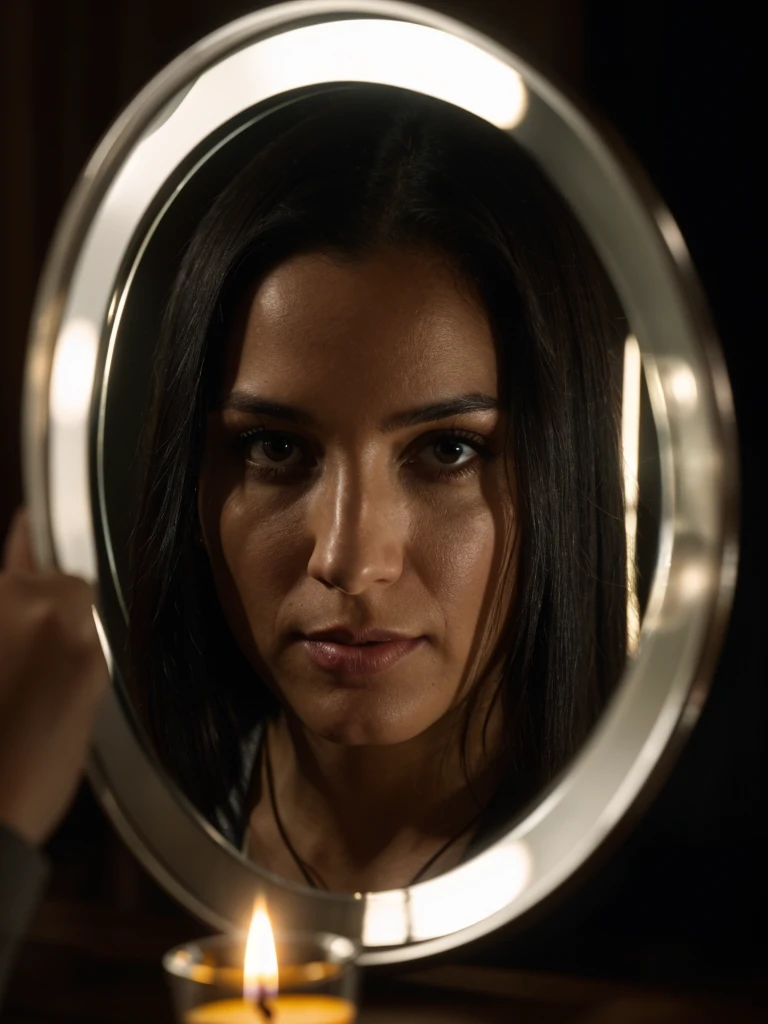 cinematic film still realistic, photorealistic, award winning photo , Long Shot, 30 years old Latin woman with long black hair, athletic body Looking at your reflection in a silver mirror. dark background illuminated only with a candle., cinematic shot + dynamic composition, incredibly detailed, sharpen, details + intricate detail + professional lighting, film lighting + 35mm + anamorphic + lightroom + cinematography + bokeh + lens flare + film grain + HDR10 + 8K + Roger Deakins, ((cinematic)) . shallow depth of field, vignette, highly detailed, high budget Hollywood movie, bokeh, cinemascope, moody, epic, gorgeous, film grain, grainy