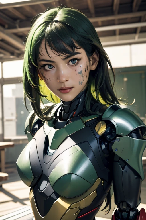 8k,Realistic skin texture、Superrealism、Realistic photos、Near future軍所属の日系女性パイロットが大型ロボットの腹部に設置されたコックピットに乗っている、Damaged moss green combat armored robot、Near future、Unit Paint and Identification Number、Peeling paint、oil stains、Detailed Description、Dynamic pose、Armored Core