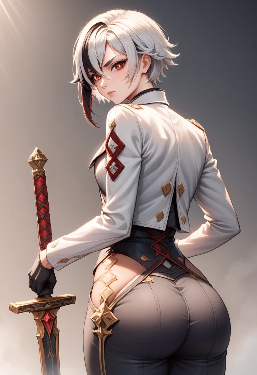 (score_9, score_8_up, score_7_up, score_6_up:1.2), (ai-generated:1.2), (Maximize Detail Slider:1.2), (Insanely Detailed:1.2), (easynegativev2:1.2), (source_anime:1.2), (very aesthetic:1.8), (add refined textures:1.8), (enhanced resolution:1.8), (Focus on textures and lighting:1.8), BREAK 1girl, solo, long hair, looking at viewer, bangs, black hair, red eyes, gloves, long sleeves, holding, hair between eyes, closed mouth, jacket, weapon, ass, white hair, multicolored hair, black gloves, looking back, pants, sword, holding weapon, streaked hair, symbol-shaped pupils, holding sword, white jacket, black background, red pupils, x-shaped pupils, fu hua, arlecchino \(genshin impact\), beautiful cinematic light, shallow depth of field, photographed on a Hasselblad X1D II 50c, 90mm f/2. 8 cine lens, sharp focus, cinestill 800T, (highly detailed, intricately detailed), HDR, 8k, cinematic film still from [outdoors|castle]