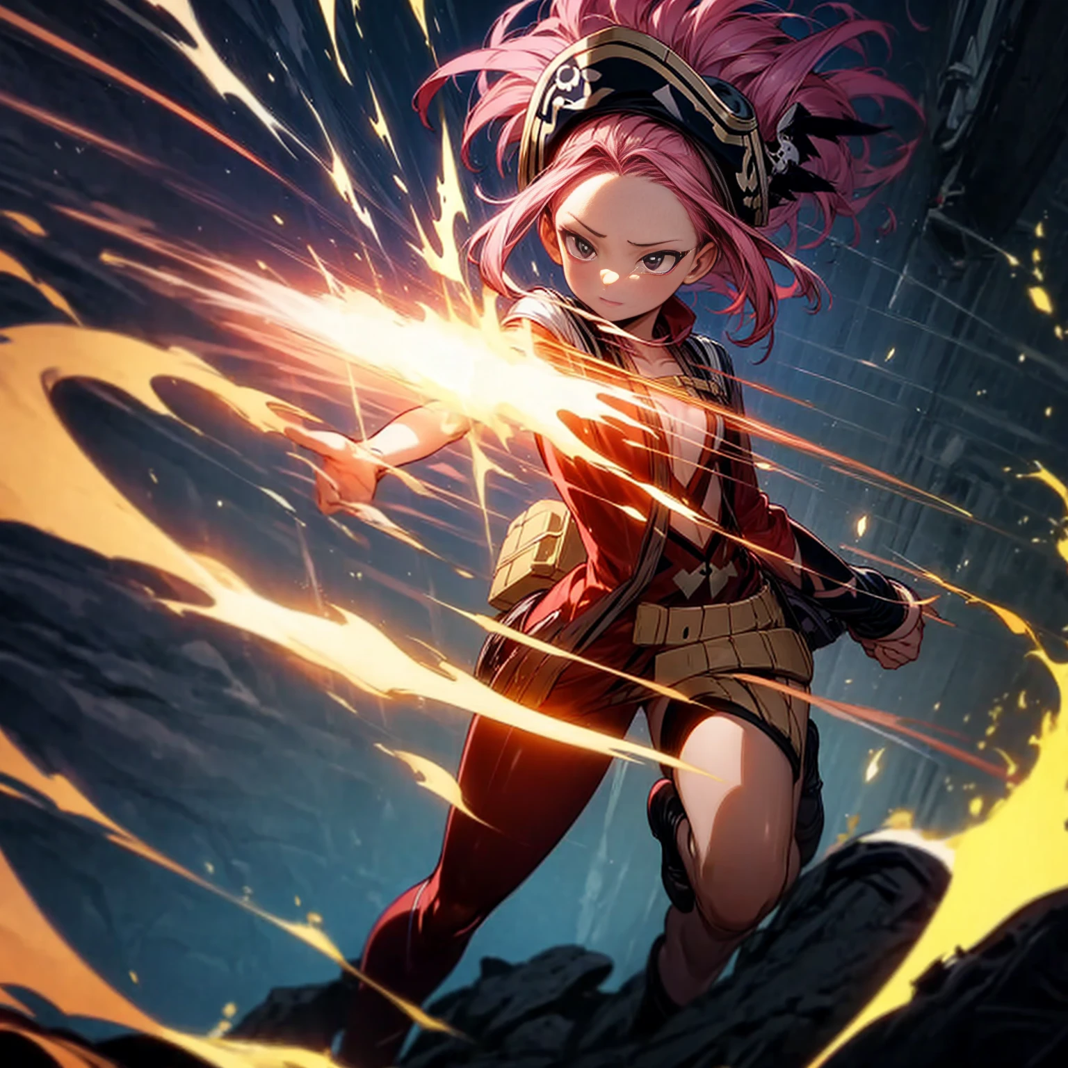 1girl, Full body version, 1character, girl version, black eyes, long Curly haircut, pink colour hair, ancient pirate style clothing, red colour clothing, Grassroots, background in the ship, motion blur, (pokemon style), standing gesture, pirate hat, motion blur, plasma effect, lighting revolver, fire revolver, fire, smoke revolver, smoke effect, aura effect, lighting, high angle view 