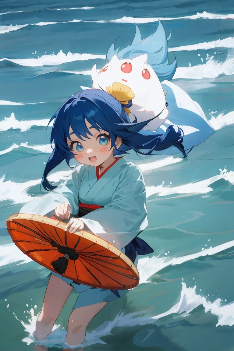 Cute Japanese anime style girl、Blue hair and big eyes、Generate images of people playing in the sea