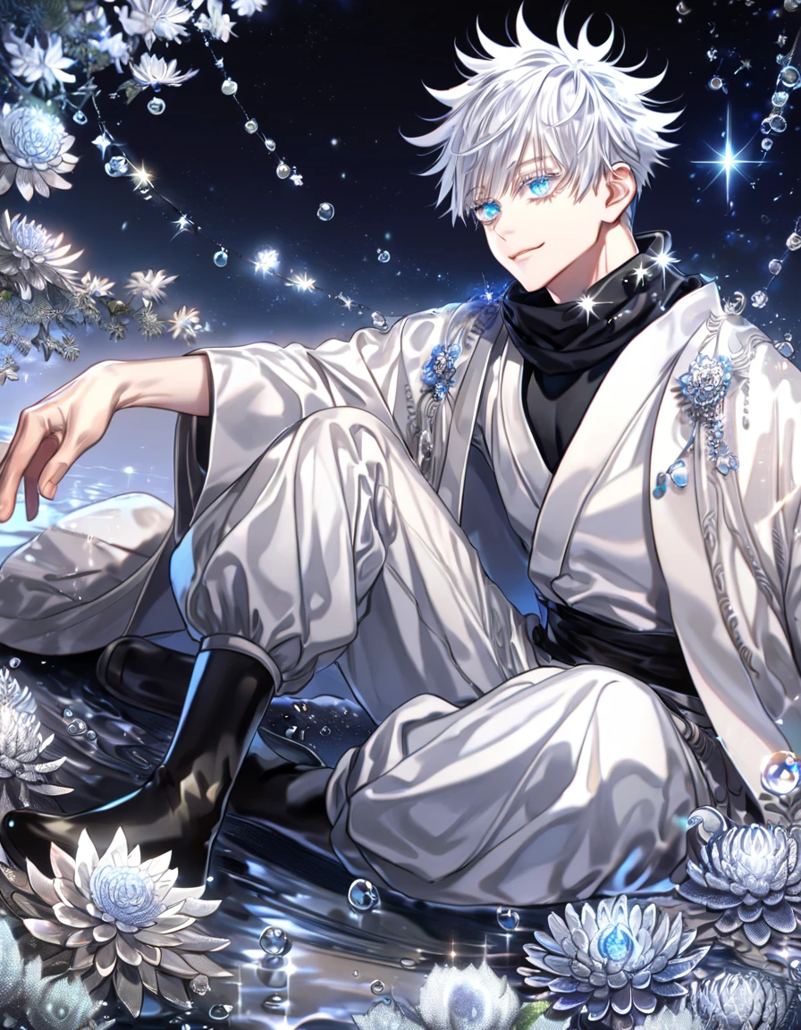 absurdres, highres, ultra detailed, HDR, master piece, best quality, extremely detailed, Gojou Satoru, white hair, expressive blue eyes, white eyelashes, Jujutsu Kaisen, solo, sexy man sitting, handsome, smile, white haori, black scarf, black tight T-shirt, white baggy pants, fantasy, water, sparkling, silver glittering fireflies, silver moon, silver blossoms, silver chrysanthemums, silver sparkling lights, starry sky, magical