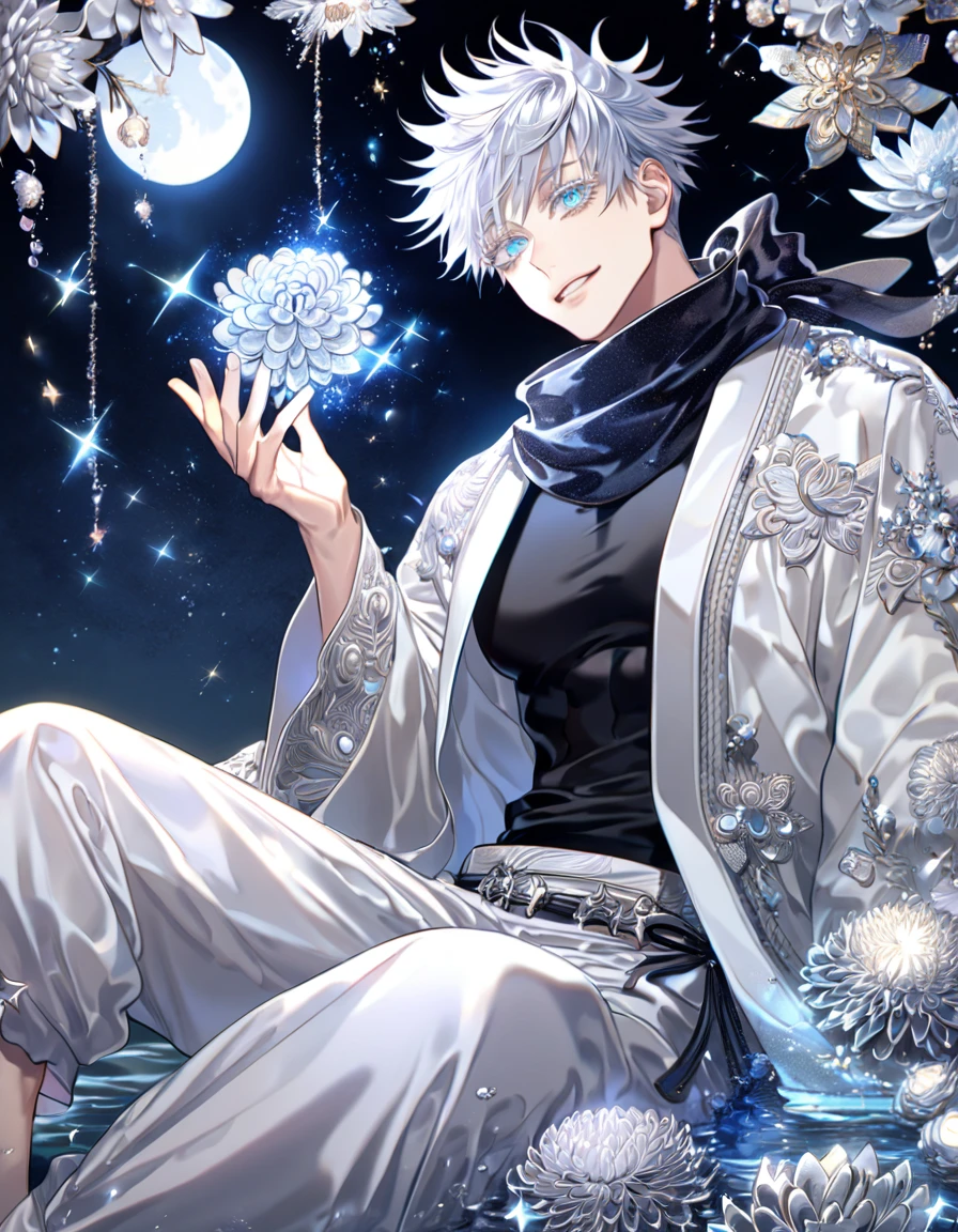 absurdres, highres, ultra detailed, HDR, master piece, best quality, extremely detailed, Gojou Satoru, white hair, expressive blue eyes, white eyelashes, Jujutsu Kaisen, solo, sexy man sitting, handsome, smile, white haori, black scarf, black tight T-shirt, white baggy pants, fantasy, water, sparkling, silver glittering fireflies, silver moon, silver blossoms, silver chrysanthemums, silver sparkling lights, starry sky, magical