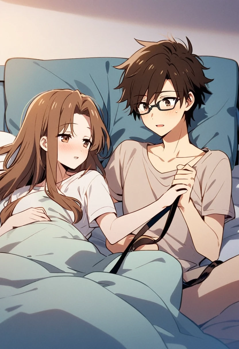 anime, two people, one beautiful female with long brown hair and no glasses and wearimg a collar with a leash, the other person is a male with short dark brown hair and black rimmed glasses and holding the leash in bed in his hand, they are boyfriend and girlfriend, in bed