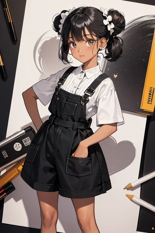 Penny is a dark-skinned girl with black button eyes and brown cheeks. Her hair is black and white and tied into two buns with white bows. It also has black swirls. She wears a black and white-striped sleeved shirt under black and white overalls, which is decorated with many patterns of pencils, crayons, buttons, hearts, markings, zig-zags, and squiggly lines. For footwear, she has black lined white socks with black lined white high-tops. SPARKLE; GLITTER