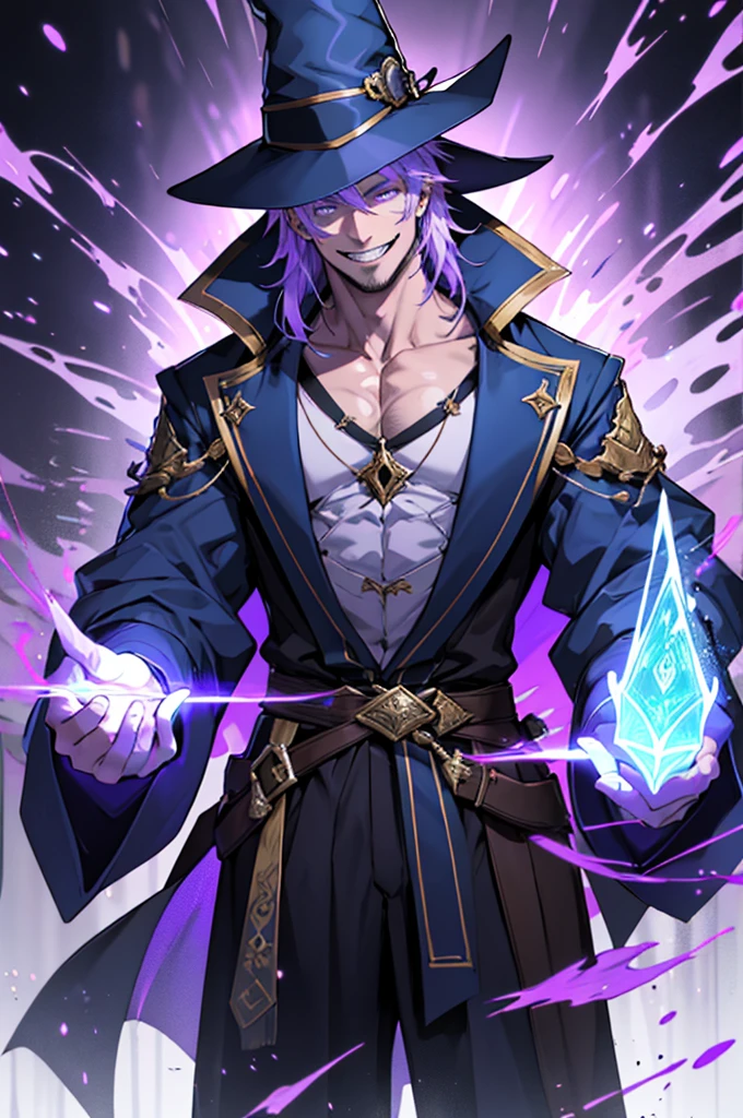 photo of a male wizard casting magic, ((swirling purple energy:1.2)), glowing purple eyes, intricate ornate wizard robe, gloves, witch hat, magic in hand, (evil smile:0.7), holding staff, (chin strap), best quality, masterpiece, extremely detailed, intricate details, detailed background, (skinny), (thin and slender:1.2)