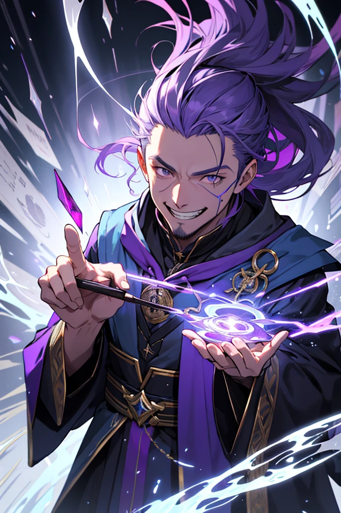 Crazy old wizard, casting purple spells, purple lighting, purple particles, deformed face, crazy grin, magician, sorcerer, Mediovale, long clothing