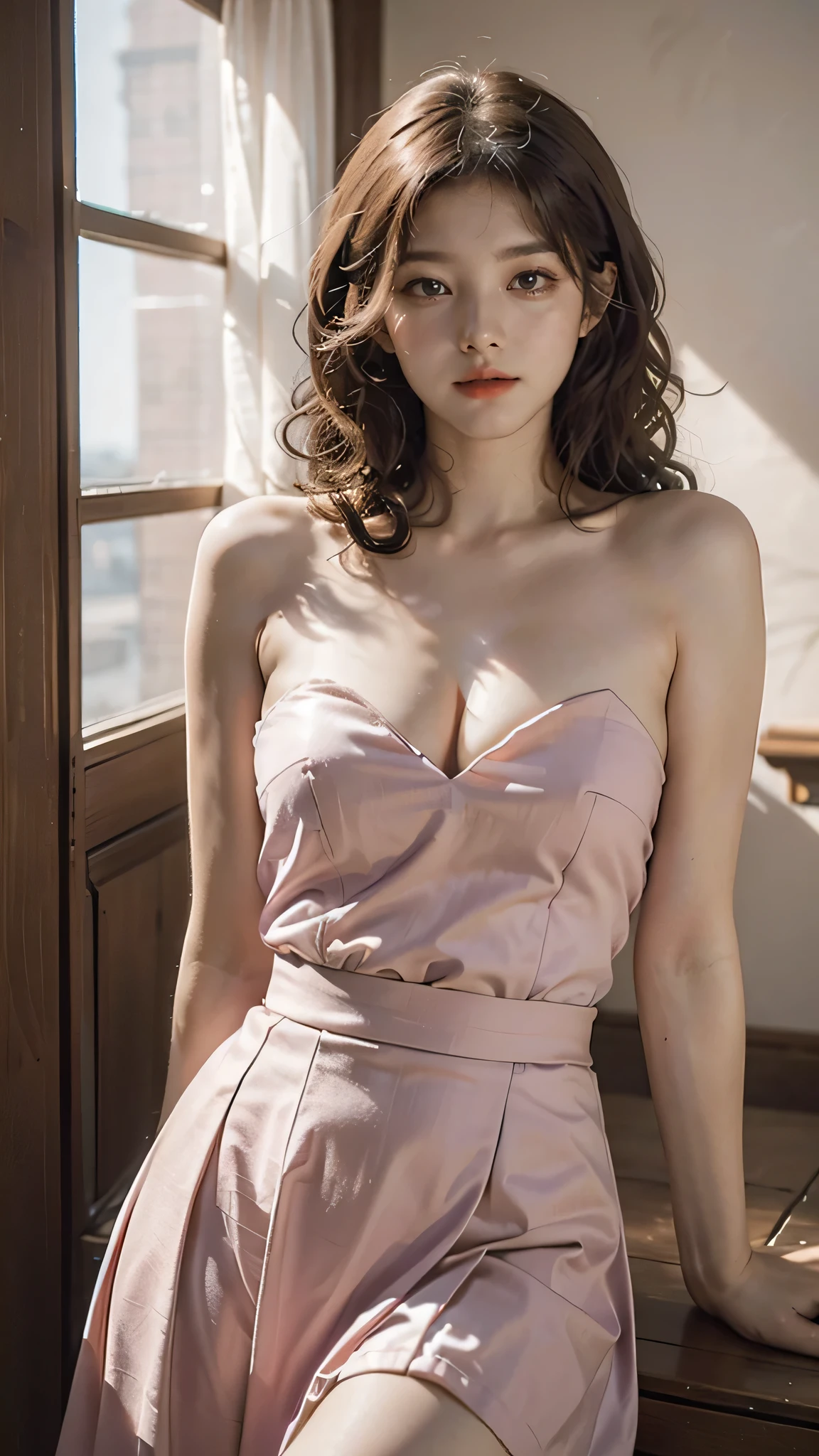 detailed background, masterpiece, best quality, 1 person , curly hair, long hair, purple eyes, star in eye , pink Strapless blouse, long skirt