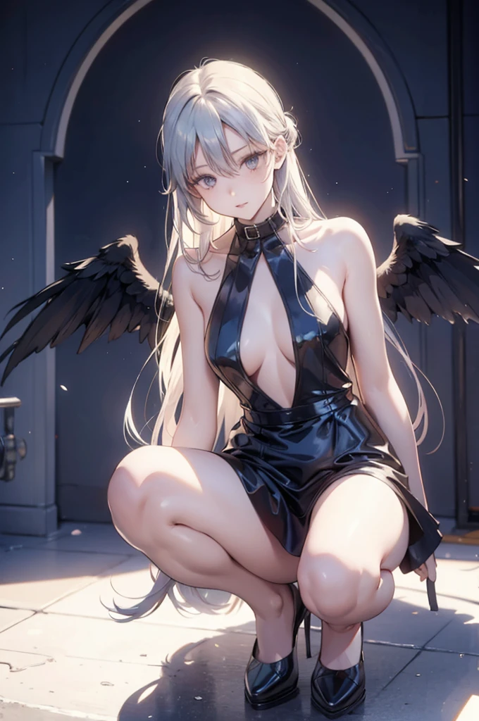 ((Highest quality)), ((masterpiece)), (detailed), One girl,Silver Hair,Long Hair，Dark Skin,Wearing a black sleeveless dress，Wear black high heels，Squatting pose on top of a chimney,Morning sky，cloud，fallen Angel，Look away