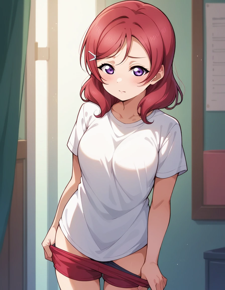 masterpiece, best quality, highres, nishikino maki,purple eyes,red hair, cowboy shot, love live, shirt, shirt tug from behind 