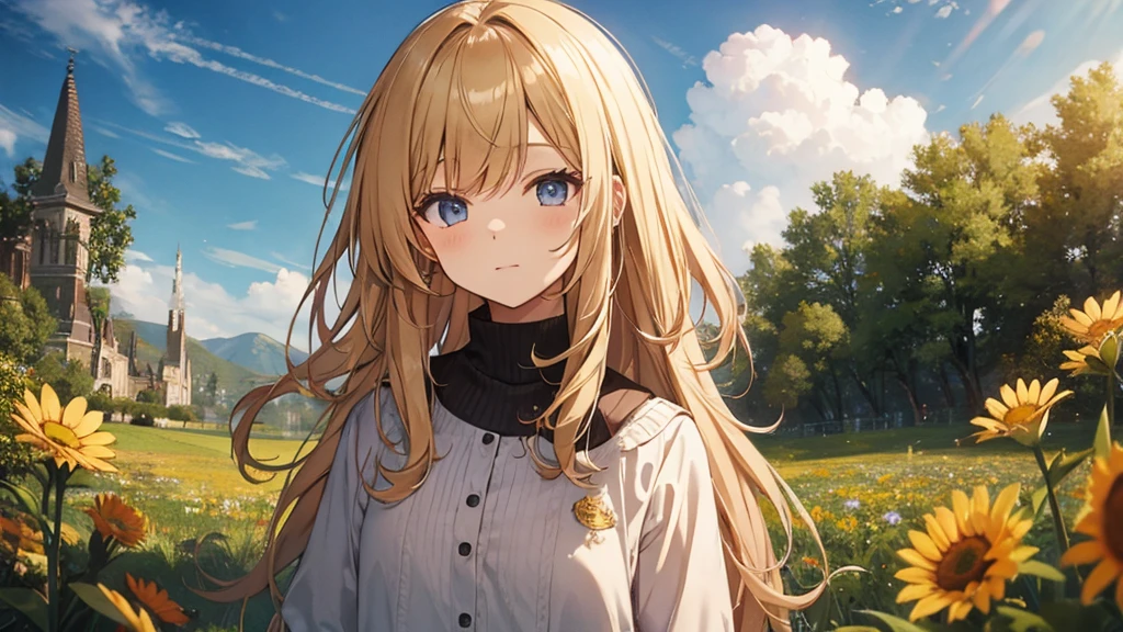 Wide grassland、A girl with flaxen hair is standing、Bright sunshine