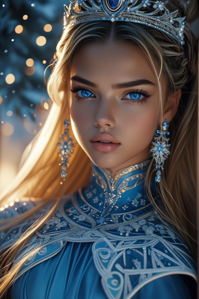16 year old Adriana Lima, ultra detailed face, ultra detailed blue eyes, long blonde hair, (dress), tiara, winter, (((masterpiece)))
