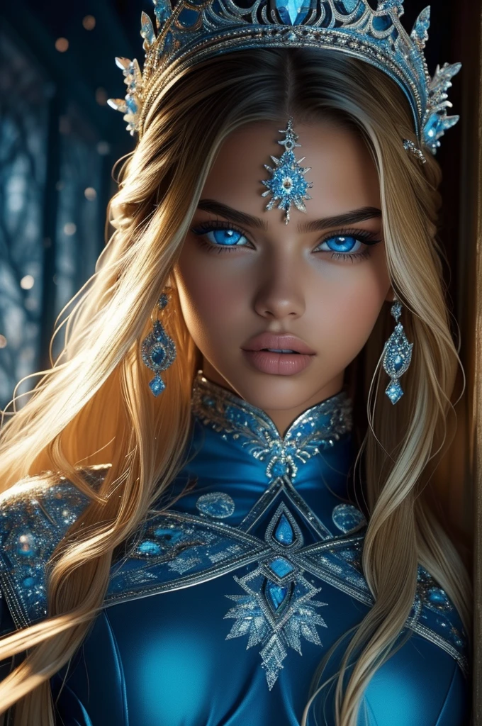  Adriana Lima, ultra detailed face, ultra detailed blue eyes, long blonde hair, (dress), tiara, winter, (((masterpiece)))