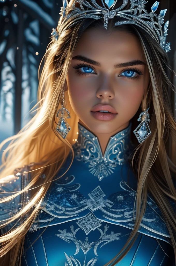  Adriana Lima, ultra detailed face, ultra detailed blue eyes, long blonde hair, (dress), tiara, winter, (((masterpiece)))