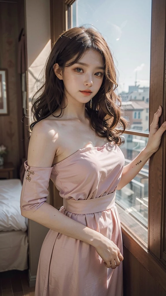 detailed background, masterpiece, best quality, 1 person , curly hair, long hair, purple eyes, star in eye , pink Strapless blouse, long skirt