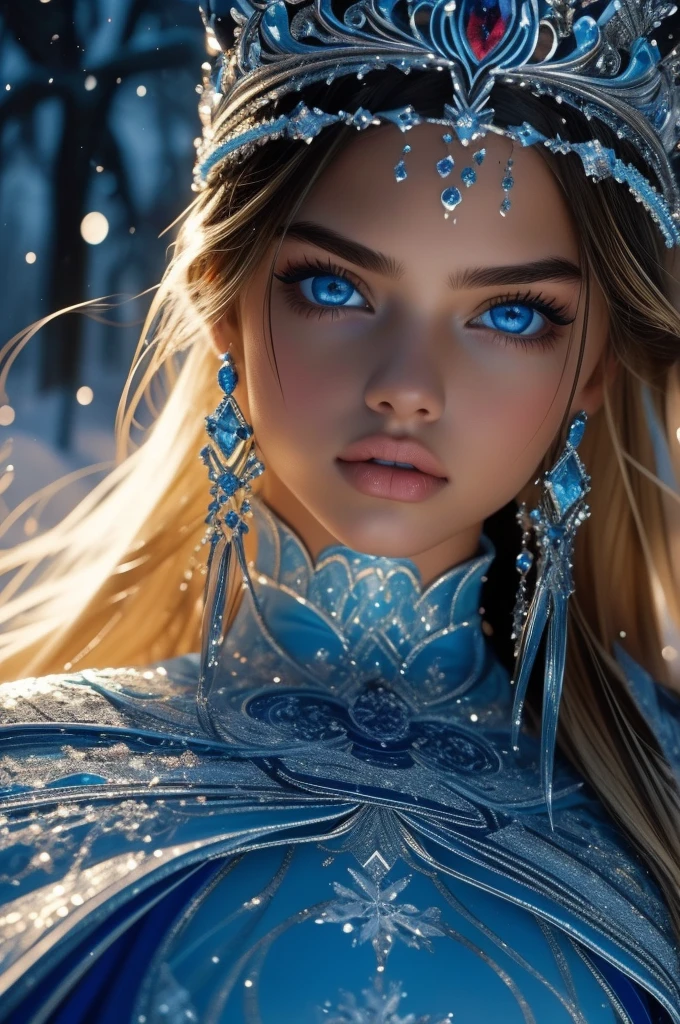  Adriana Lima, ultra detailed face, ultra detailed blue eyes, long blonde hair, (dress), tiara, winter, (((masterpiece)))