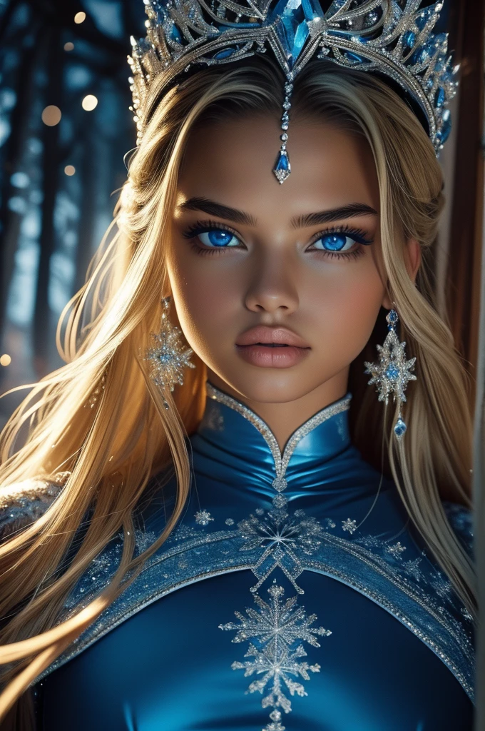 16 year old Adriana Lima, ultra detailed face, ultra detailed blue eyes, long blonde hair, (dress), tiara, winter, (((masterpiece)))