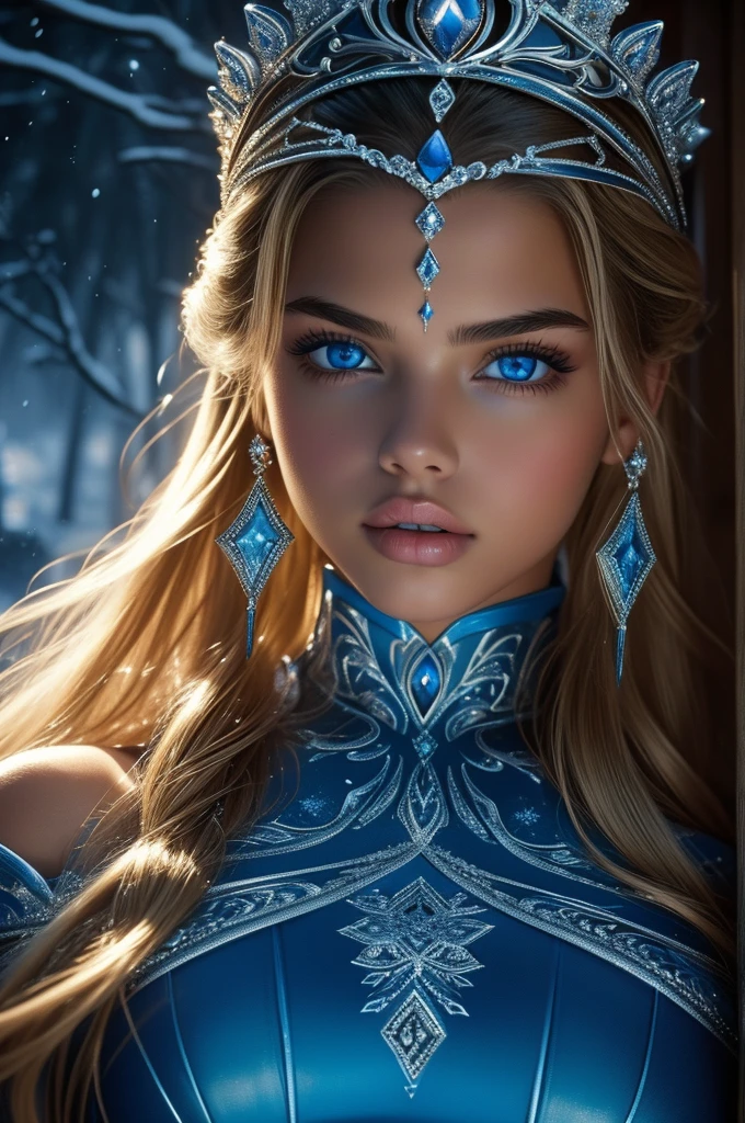 16 year old Adriana Lima, ultra detailed face, ultra detailed blue eyes, long blonde hair, (dress), tiara, winter, (((masterpiece)))