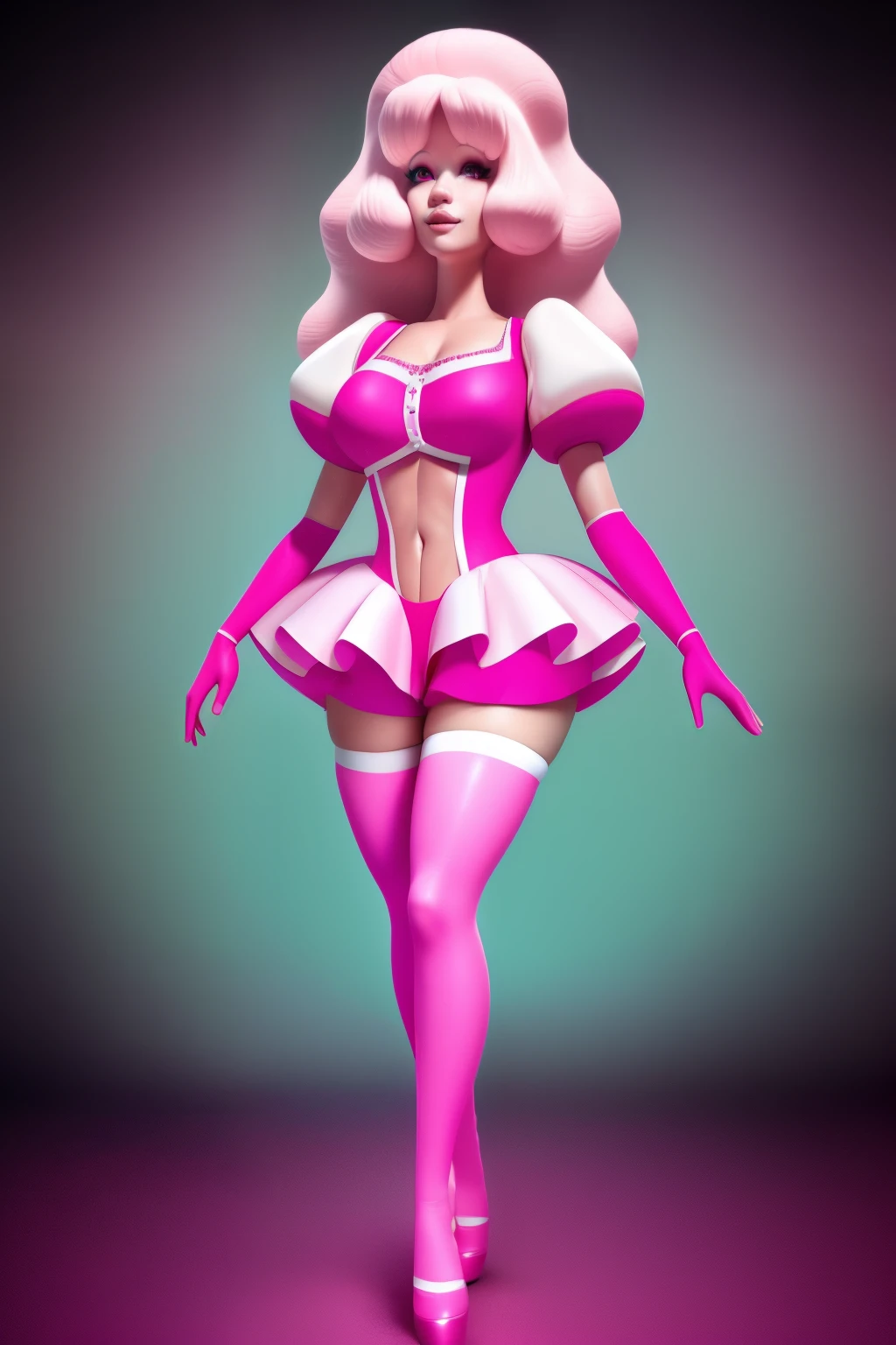 pnkdamond, pink hair, pink eyes,  big hair,  stomach gem,  pink skin,  toned, 
puffy short sleeves, elbow gloves ,  white thighhighs,   puffy dress, 
standing, upper body, 
 outerspace,  
(insanely detailed, beautiful detailed face,beautiful detailed eyes, masterpiece, best quality) cinematic lighting,  smile, 
 
