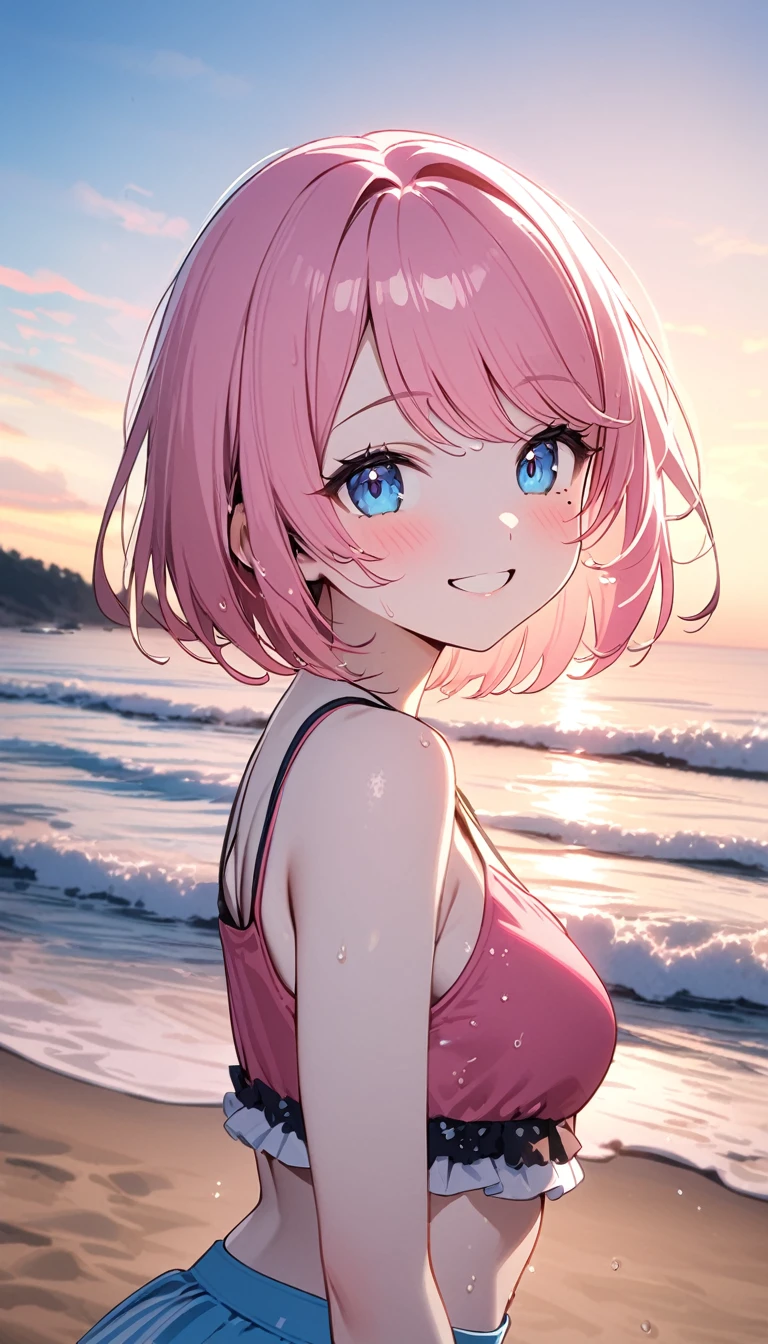 (1 girl),(Best Picture Quality, 8K, Masterpiece:1.3), (high school student:1.5), ((pink lob hair:1.1)), (bob cut),(swept bangs), (cute eyes, pupil black, iris skyblue, youthful face), (mole under right eye), (standard weight), (small breasts), (glistening skin:1.1),(pale skin:1.2),(Tank-top bikini),(seaside),((Nymphet fashion:1.3)),(wet:1.1),((summer scene:1.2)),(magnificent view),(overlooking),(Smile).