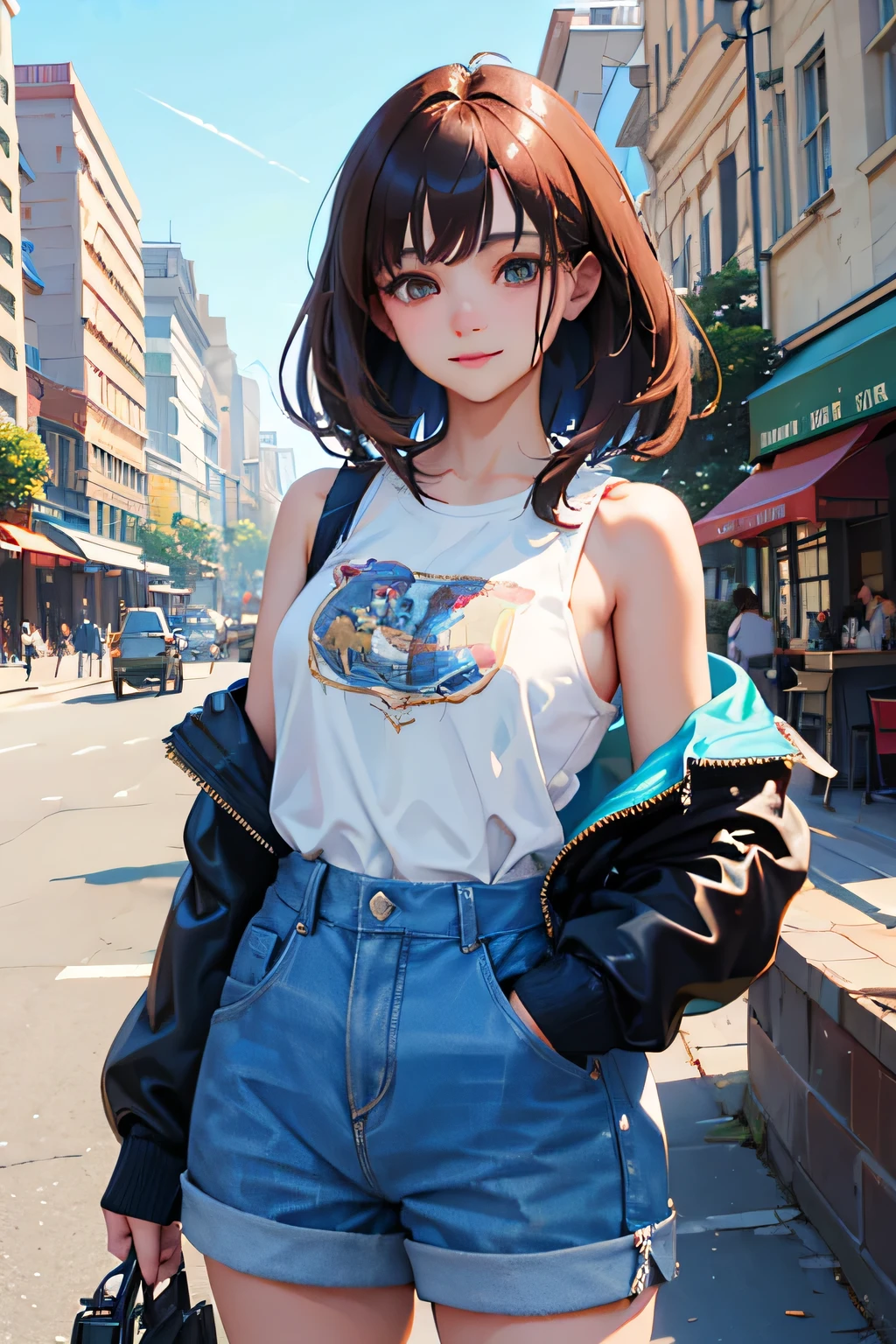 masterpiece, top quality, super detailed, high resolution, (ink painting style), excellent anatomy, beautiful 1 woman, exquisite, 16k, full HD, very aesthetic, absurdity, anime style, super sexy girl, shoulder-length brown hair, brown hair, joyful smile, trendy casual fashion, denim jacket, white T-shirt, shorts, taking, busy street with cafes and boutiques, sunny afternoon, bright sunlight on girl's face, soft shadows, people and bicycles in the background, blue sky and tall buildings in the distance, sharp focus on subject, vivid colors, cheerful and lively atmosphere, warm sunlight feel, ((cowboy shot:1.2)), best light, best shadow, mysterious, perfect face, highly detailed,