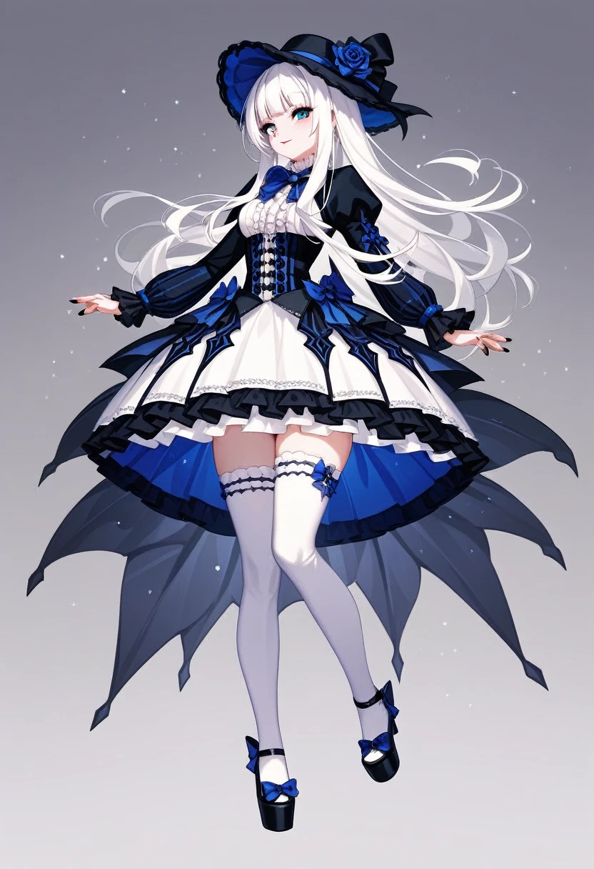 [black:Blue:0.65] topic，master masterpiece，A masterpiece of a mature woman，Detailed visual art，Blue eyes，Makeup，Gothic，Silver hair，Elf ears，hair，collarbone，Royal Queen，Elegance，Gorgeous quinceanera dress，Detailed layered skirt，[Detailed frills:0.1], [Frilled dress:0.1], embroidery, [Detail princess dress:0.1], Bare shoulders, Big tits:1.3, Open crotch, Thigh seams, groin, Long boots，[NSFW|uncensored], (Simple background:1.1) , Low wing,full bodies