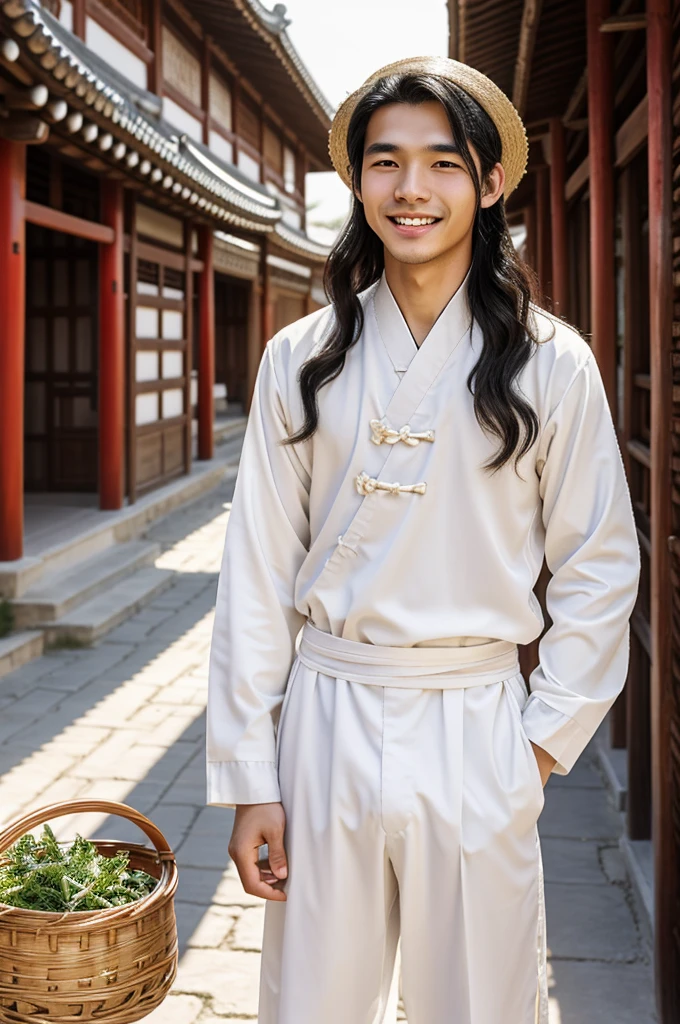 realistic design, 19 year old young man, asian ethnicity, mesoform and thin complexion, White skin, Long wavy black hair, small moles on his face, childish features and charming smile, dressed in white with an ancient Chinese village outfit, with a basket next to his hip, smiling.