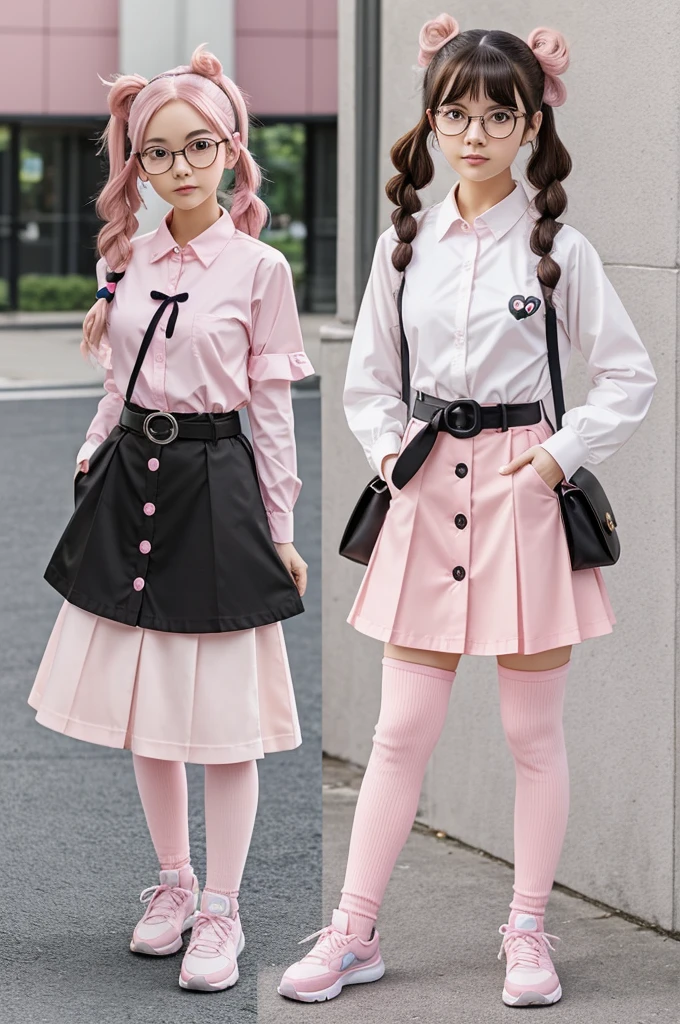 anime style girl (similar to the Pokémon anime) with brown eyes with 2 moles on each side, with black and round glasses, hairstyle with 2 curly pigtails, dressed in a button-down shirt, a sack between pink and salmon,  with a pale pink skirt and a white belt on top, with 2 legging-style socks and pastel pink sneakers decorated with white hearts