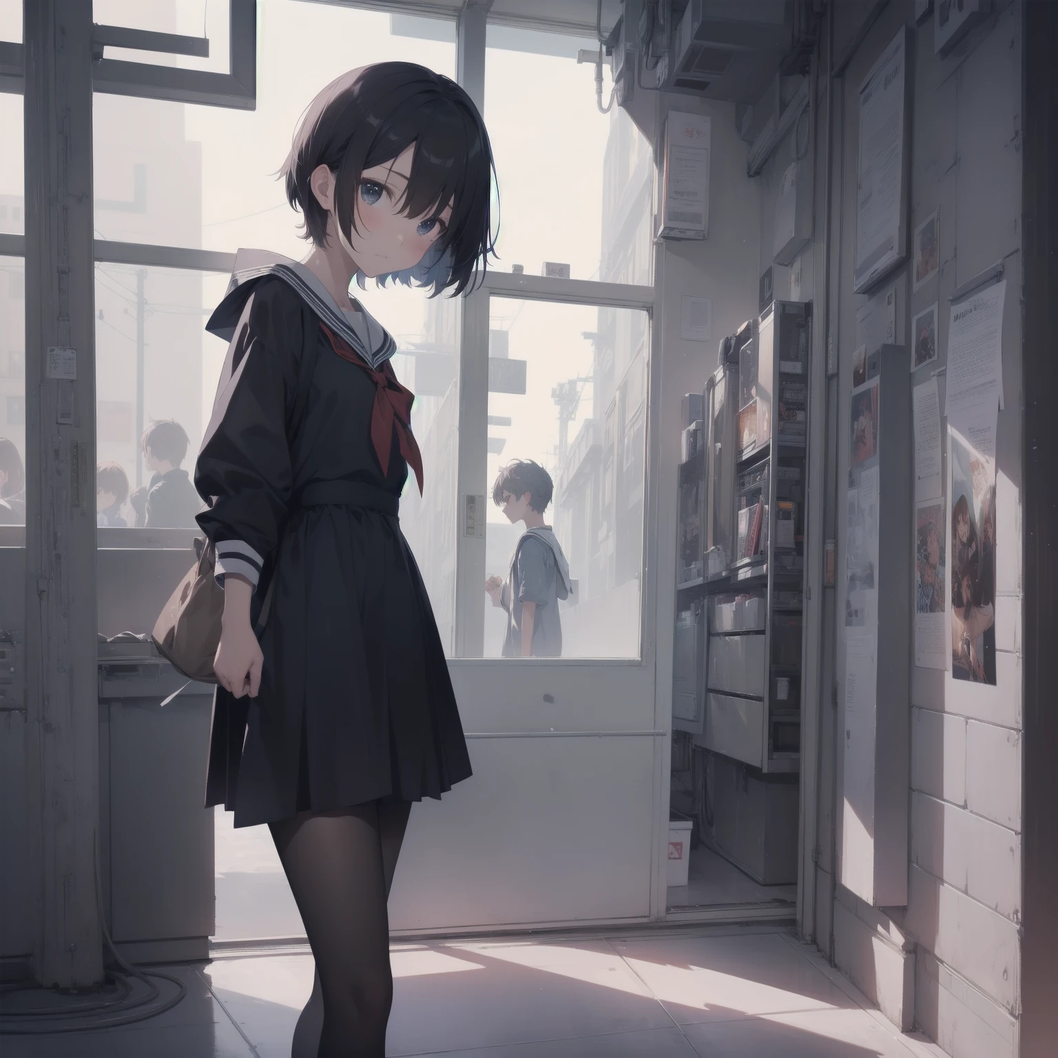 ultra-absurdres-Top quality by artist God, ultra-detailed, high resolution, anime moe artstyle, best anime 8k konachan wallpaper, pixiv contest winner, pool:2810, perfect anatomy,break, 1girl, (Please draw a girl walking sleepily to school alone. )break,(Solo,little female, 13-year-old:1.3),Full limbs, complete fingers,a junior high school student, (very short hair), short cut, flat chest, , small butt, small black eyes, beautiful detailed eyes, well-proportioned iris and pupils, expressive eyes, highres detailed hair, soft expression, salor school_uniform, sailor collar, serahuku, bow, pleated skirt,(Detailed Lighting), (Detailed background), in the School commute route. break,super detailed skin, Best cinematic lighting powered by famous artist, 8k,beauty illustration,photoshop_(medium),very aesthetic,break,((artist:beni_shake )), artist:clamp ,artist:carnelian ,artist:kantoku ,