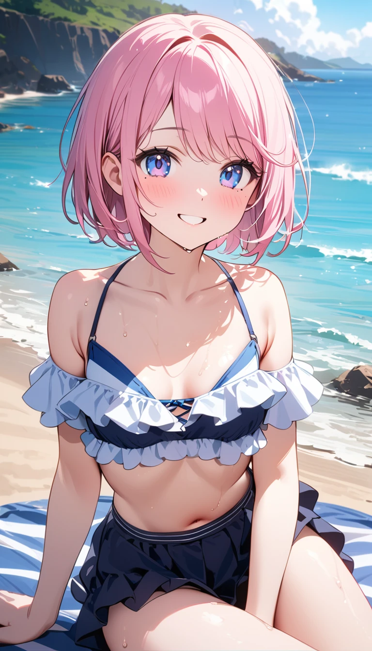 (1 girl),(Best Picture Quality, 8K, Masterpiece:1.3), (high school student:1.5), ((pink lob hair:1.1)), (bob cut),(swept bangs), (cute eyes, pupil black, iris skyblue, youthful face), (mole under right eye), (standard weight), (small breasts), (glistening skin:1.1),(pale skin:1.2),(layered bikini),(seaside),((Nymphet fashion:1.3)),(wet:1.1),((summer scene:1.2)),(magnificent view),(overlooking),(Smile).