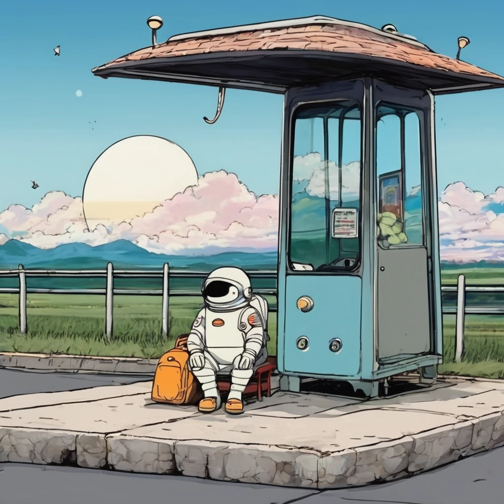 Cute spaceman waiting at moon bus stop, Hayao Miyazaki style, Studio Ghibli style