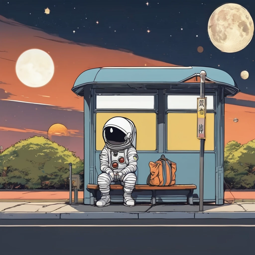 Cute spaceman waiting at moon bus stop, Hayao Miyazaki style, Studio Ghibli style
