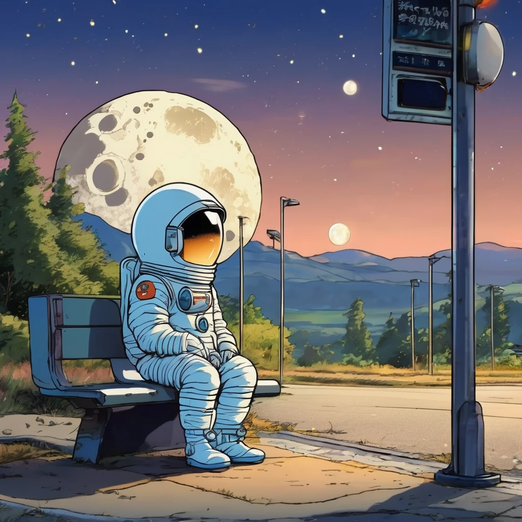 Cute spaceman waiting at moon bus stop, Hayao Miyazaki style, Studio Ghibli style