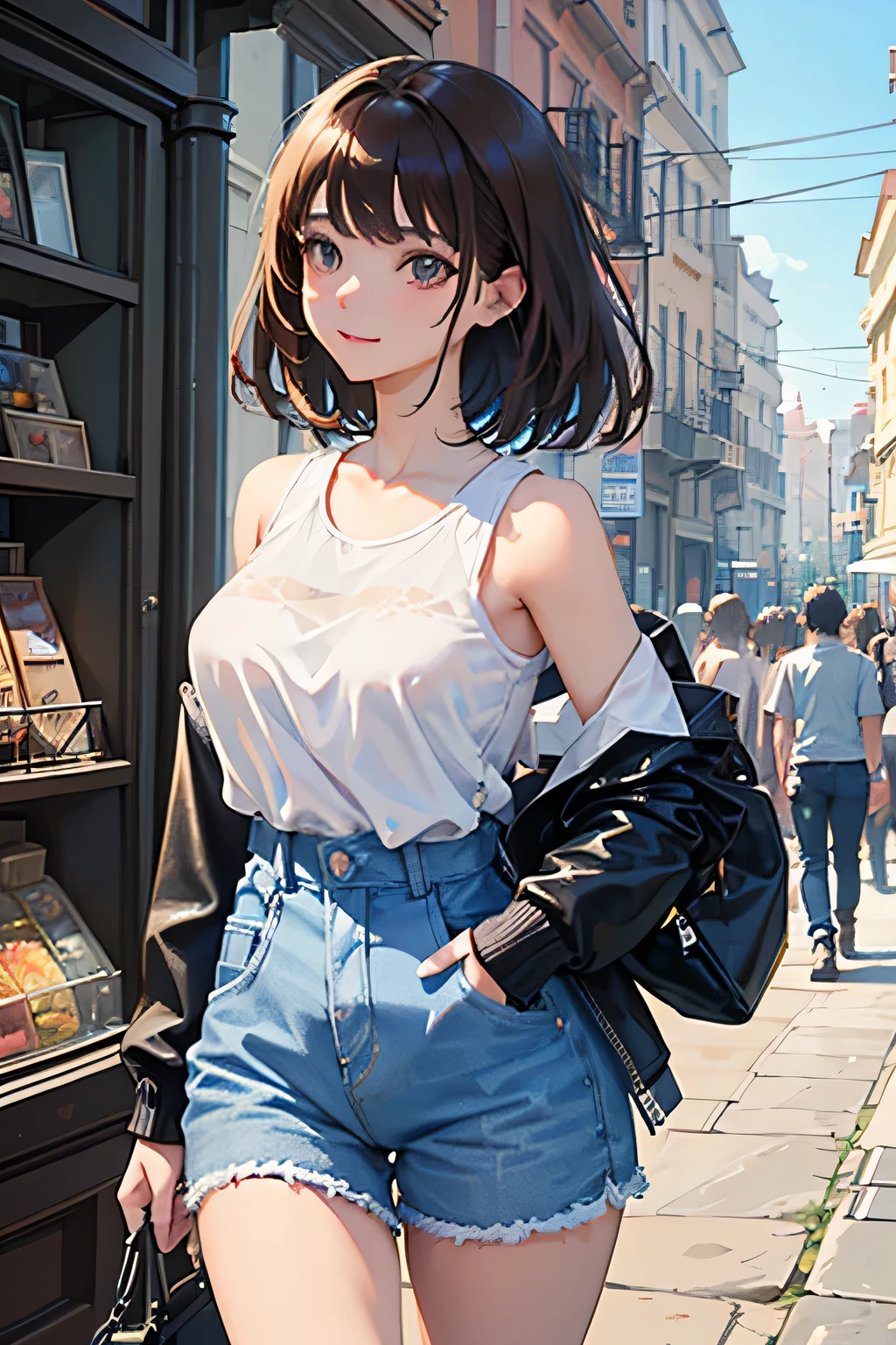 masterpiece, top quality, super detailed, high resolution, (ink painting style), excellent anatomy, beautiful 1 woman, exquisite, 16k, full HD, very aesthetic, absurdity, anime style, super sexy girl, shoulder-length brown hair, brown hair, joyful smile, trendy casual fashion, denim jacket, white T-shirt, shorts, taking, busy street with cafes and boutiques, sunny afternoon, bright sunlight on girl's face, soft shadows, people and bicycles in the background, blue sky and tall buildings in the distance, sharp focus on subject, vivid colors, cheerful and lively atmosphere, warm sunlight feel, ((cowboy shot:1.2)), best light, best shadow, mysterious, perfect face, highly detailed,