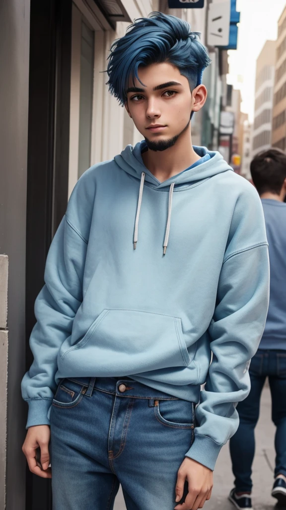 18 year old man, short blue hair, thin, wears a sweatshirt and jeans, he has days of beard