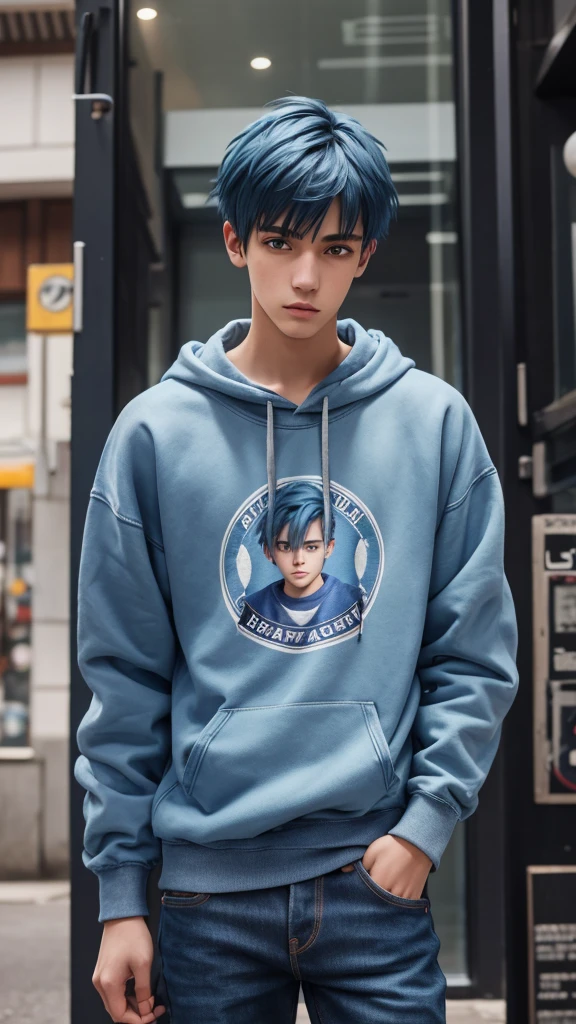 18 year old man, short blue hair, thin, wears a sweatshirt and jeans, he has days of beard