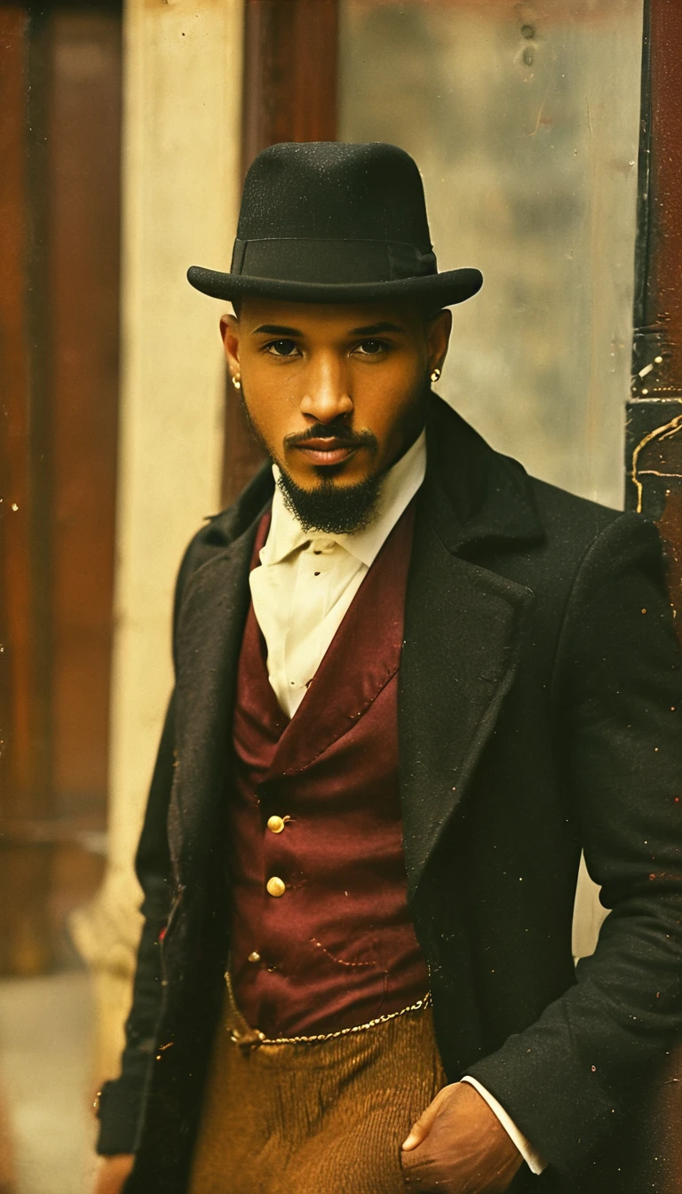 (Bald brunette mulatto) (goatee) (white dress shirt with long puffed sleeves) Wears a black bowler hat, a burgundy-colored vest with gold buttons, a black coat, black trousers, a gold pocket watch, gold rings on the fingers (older gentleman square face)